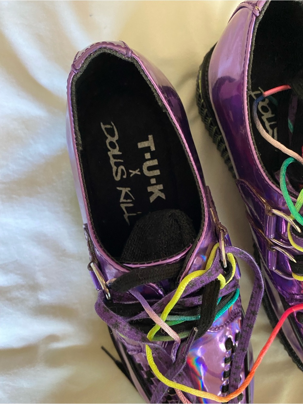 T.U.K. X Dolls Kill Iridescent Purple Creepers Platform Pastel Goth Size W8 M6 - Picture 2 of 11